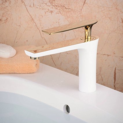 Bitonto Gold Polished Single Handle Long Reach Spout White Painting Bathroom Faucet